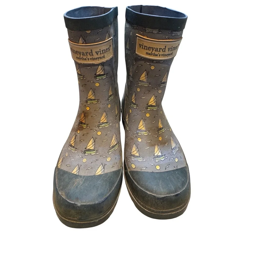 Vineyard Vines Sailboat Rain Boots Martha's Vineyard Grey Rubber Size‎ 6